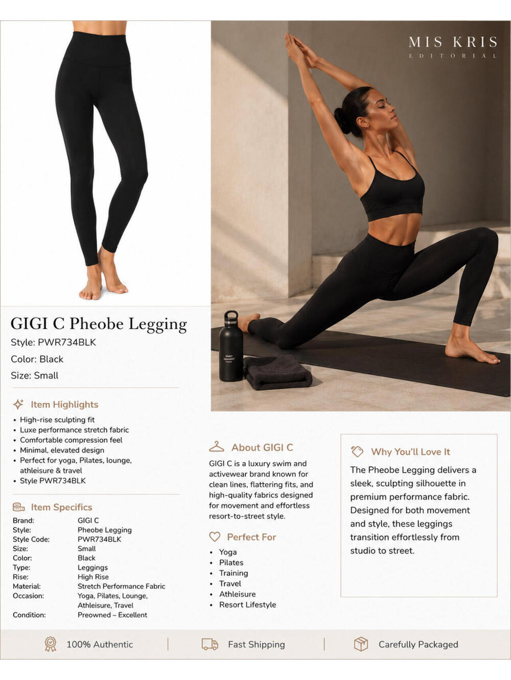 GIGI C Pheobe Legging Black Small High Rise Luxe Activewear Leggings PWR734BLK